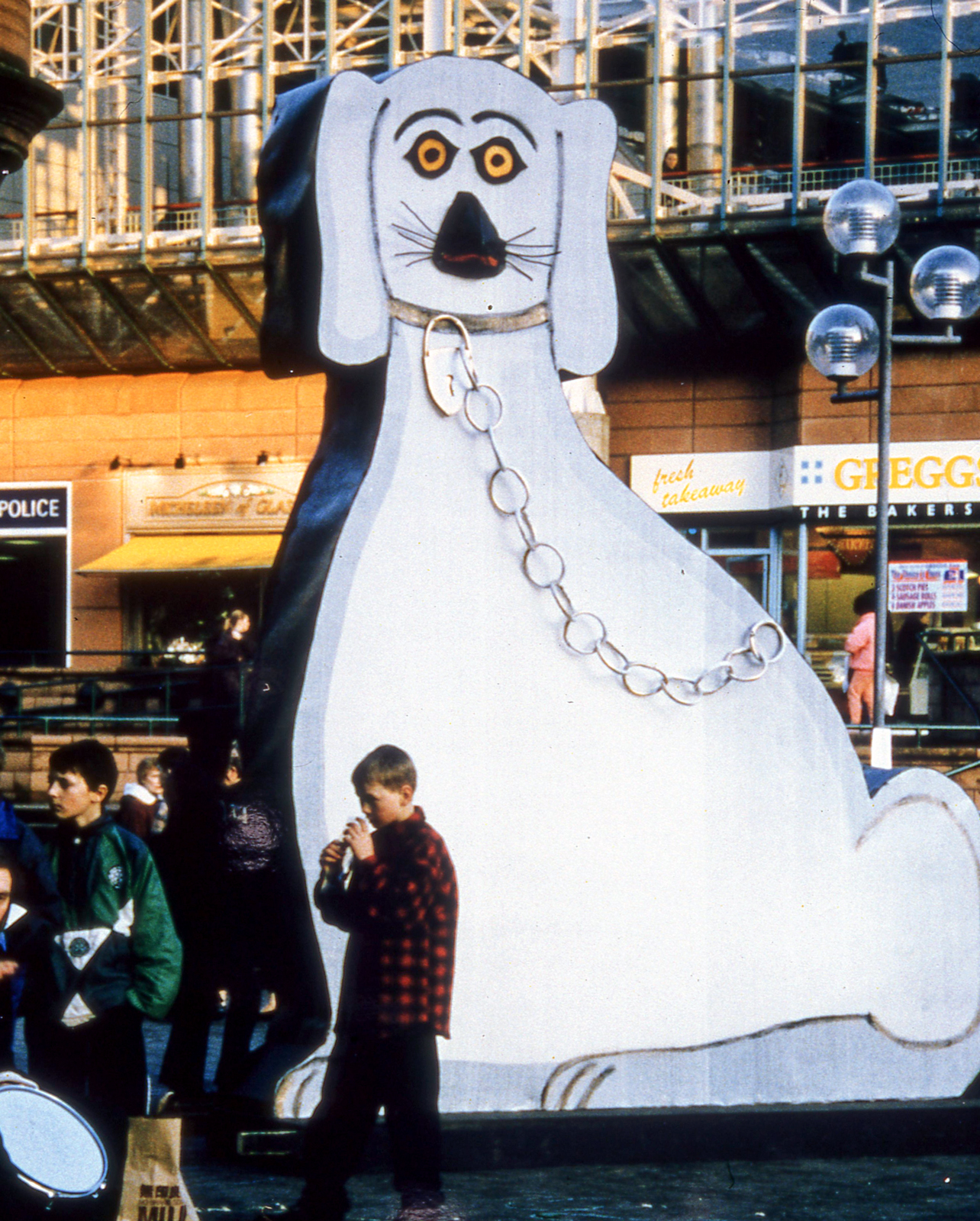 George Wyllie's 15 foot Wally Dug sculpture on a trailer in St Enoch Square Glasgow